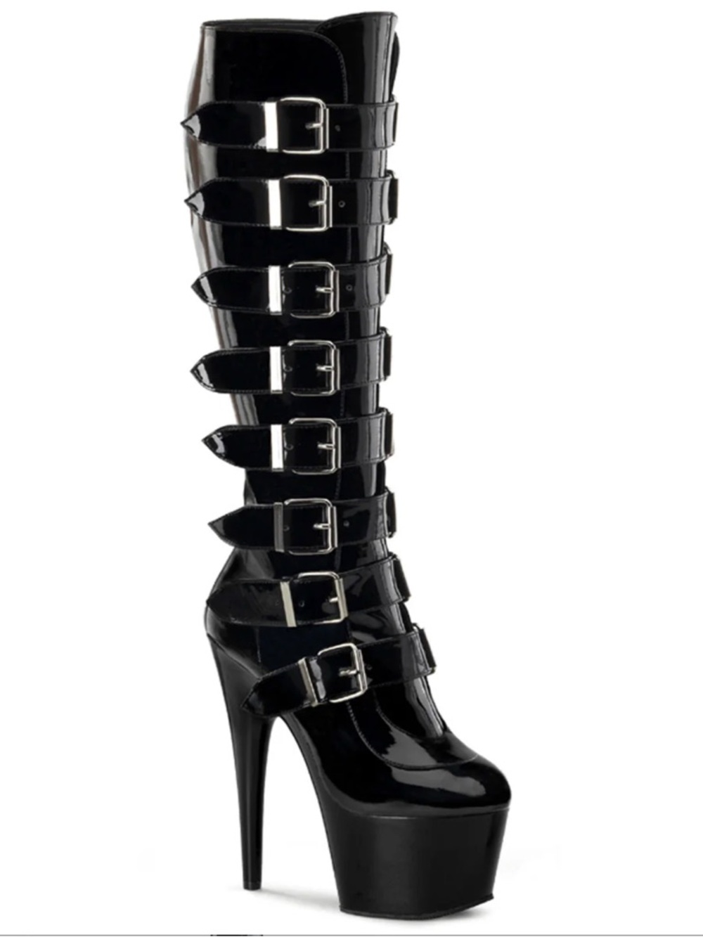 Pleaser Adore 2043 Black Patent Multi-Buckle Platform Knee-High Boot